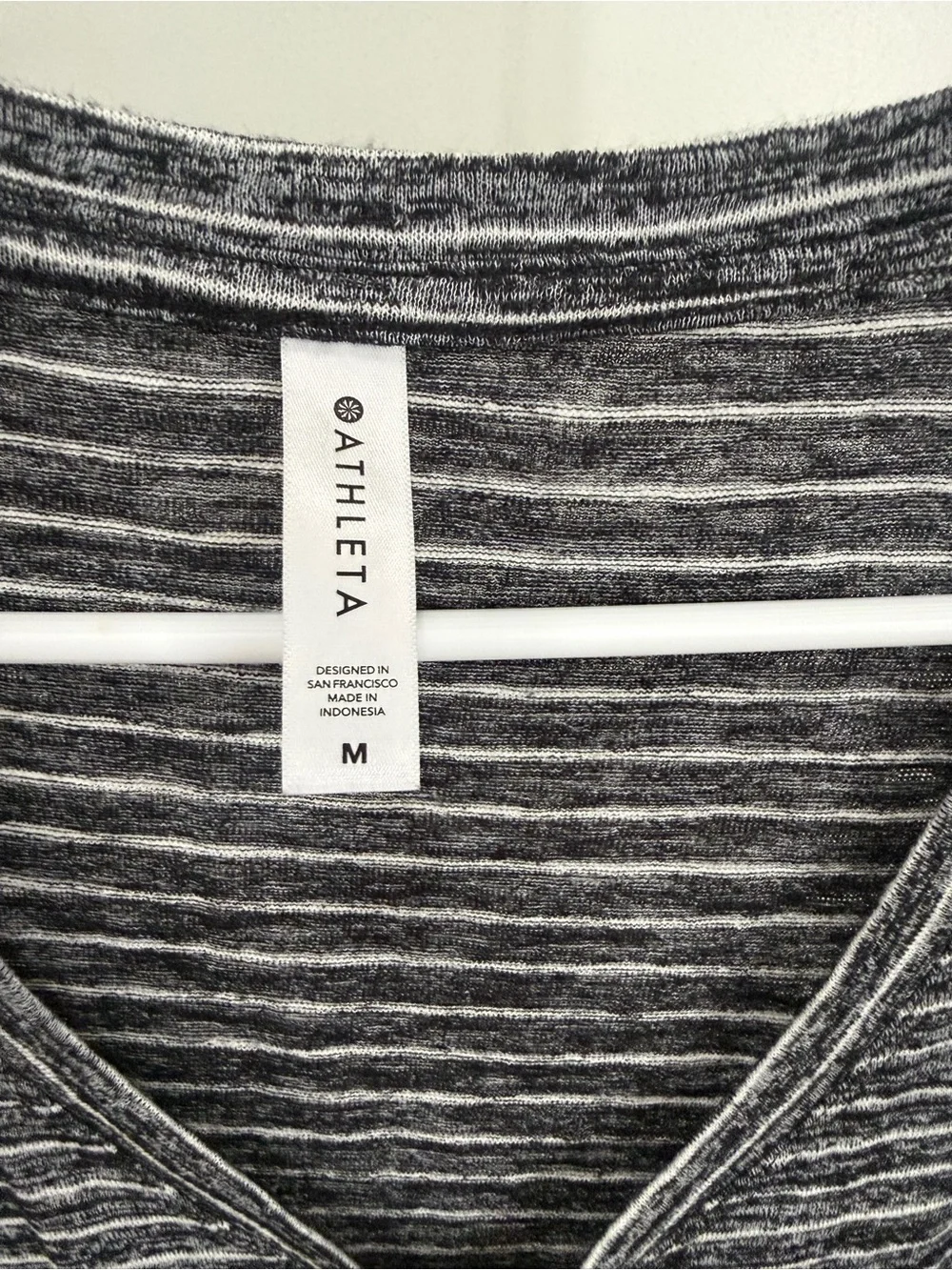 Athleta Black and White Striped V-Neck Short Sleeve Tee Medium